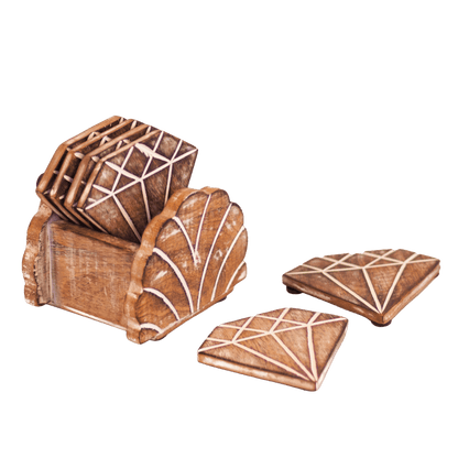 Kezevel Wooden Coasters Mango Wood- Artistically Handcrafted Diamond Design - Set of 6 with Holder - Coaster Plate