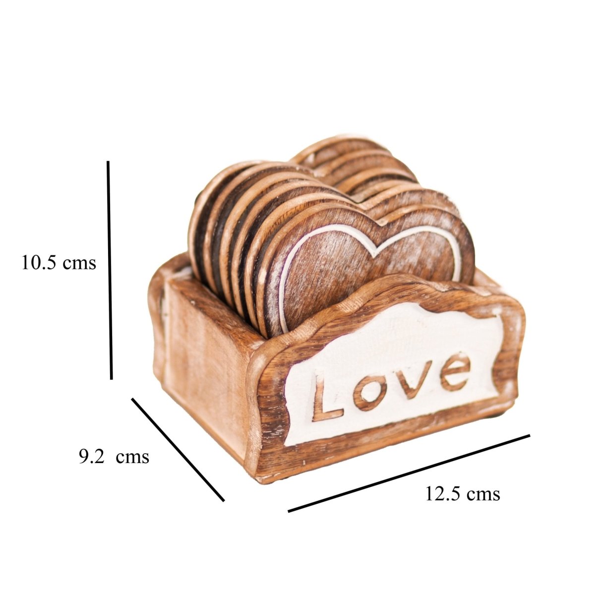Kezevel Wooden Coasters Mango Wood- Artistically Handcrafted Heart Design - Set of 6 with Holder for Serving - Coaster Plate