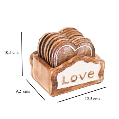 Kezevel Wooden Coasters Mango Wood- Artistically Handcrafted Heart Design - Set of 6 with Holder for Serving - Coaster Plate
