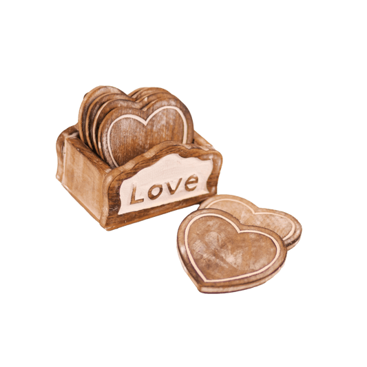 Kezevel Wooden Coasters Mango Wood- Artistically Handcrafted Heart Design - Set of 6 with Holder for Serving - Coaster Plate