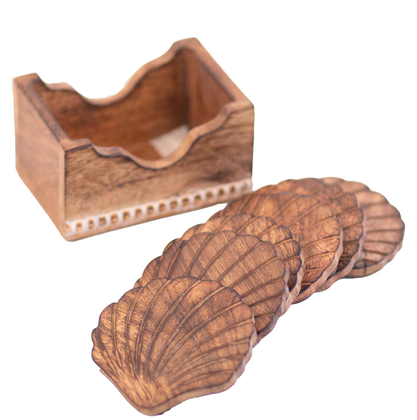 Kezevel Wooden Coasters Mango Wood - Handcrafted Seashell Design - Set of 6 with Holder for Serving - Coaster Plate