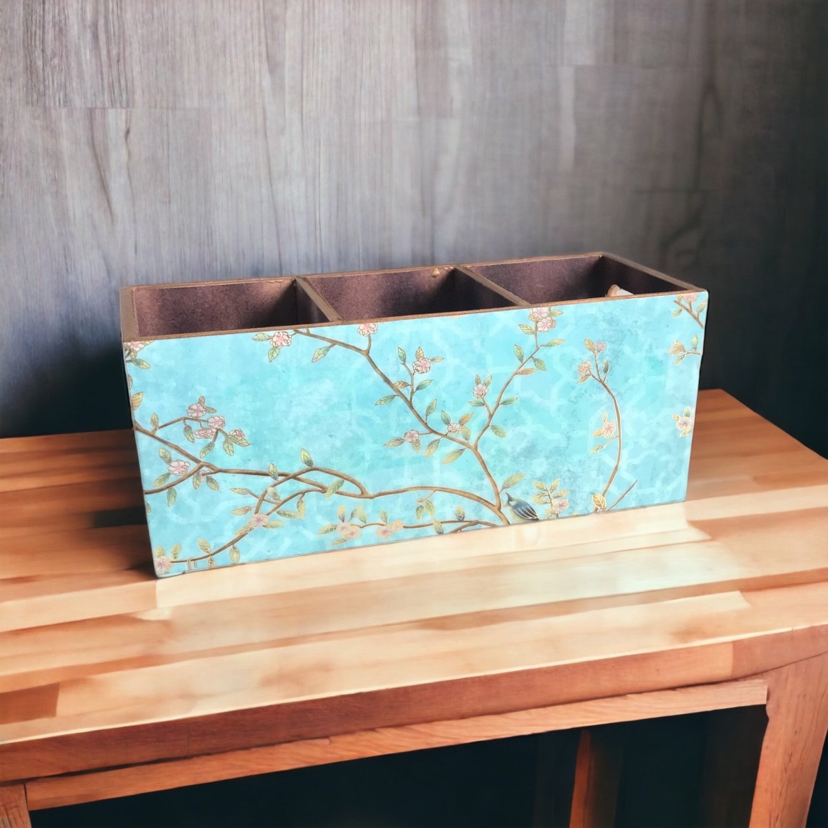 Kezevel Wooden Cutlery Holder - Aqua Blue Cutlery Organizer for Dinning Table, Kitchen Countertop for Forks, Knives & Spoons