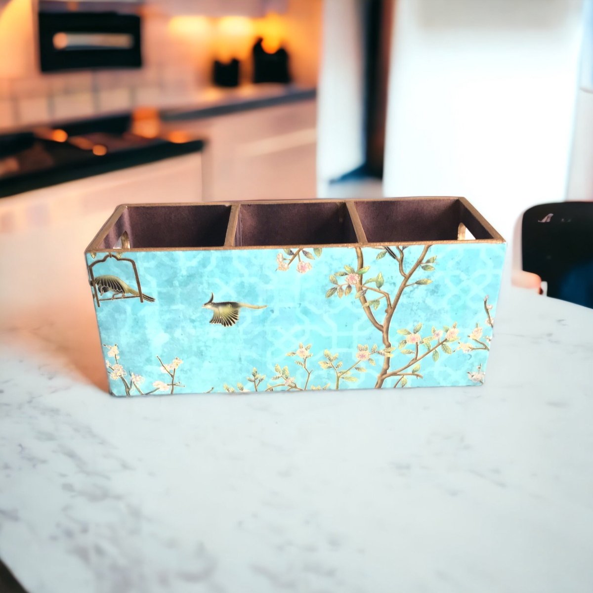 Kezevel Wooden Cutlery Holder - Aqua Blue Cutlery Organizer for Dinning Table, Kitchen Countertop for Forks, Knives & Spoons