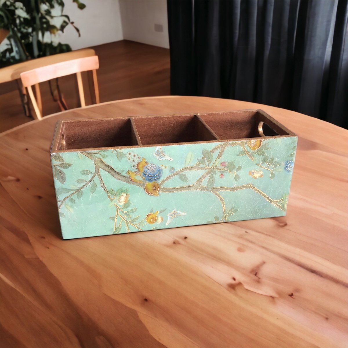 Kezevel Wooden Cutlery Holder - Aqua Green Cutlery Organizer for Dinning Table, Kitchen Countertop for Forks, Knives, Spoons