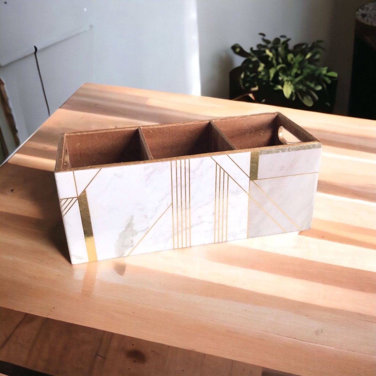 Kezevel Wooden Cutlery Holder - Beige White Cutlery Organizer for Dinning Table, Kitchen Countertop for Forks, Knives, Spoons