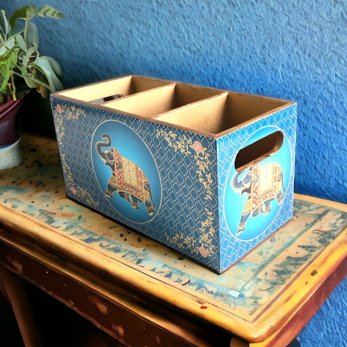 Kezevel Wooden Cutlery Holder - Blue Golden Cutlery Organizer for Dinning Table, Kitchen Countertop for Fork, Knife & Spoon