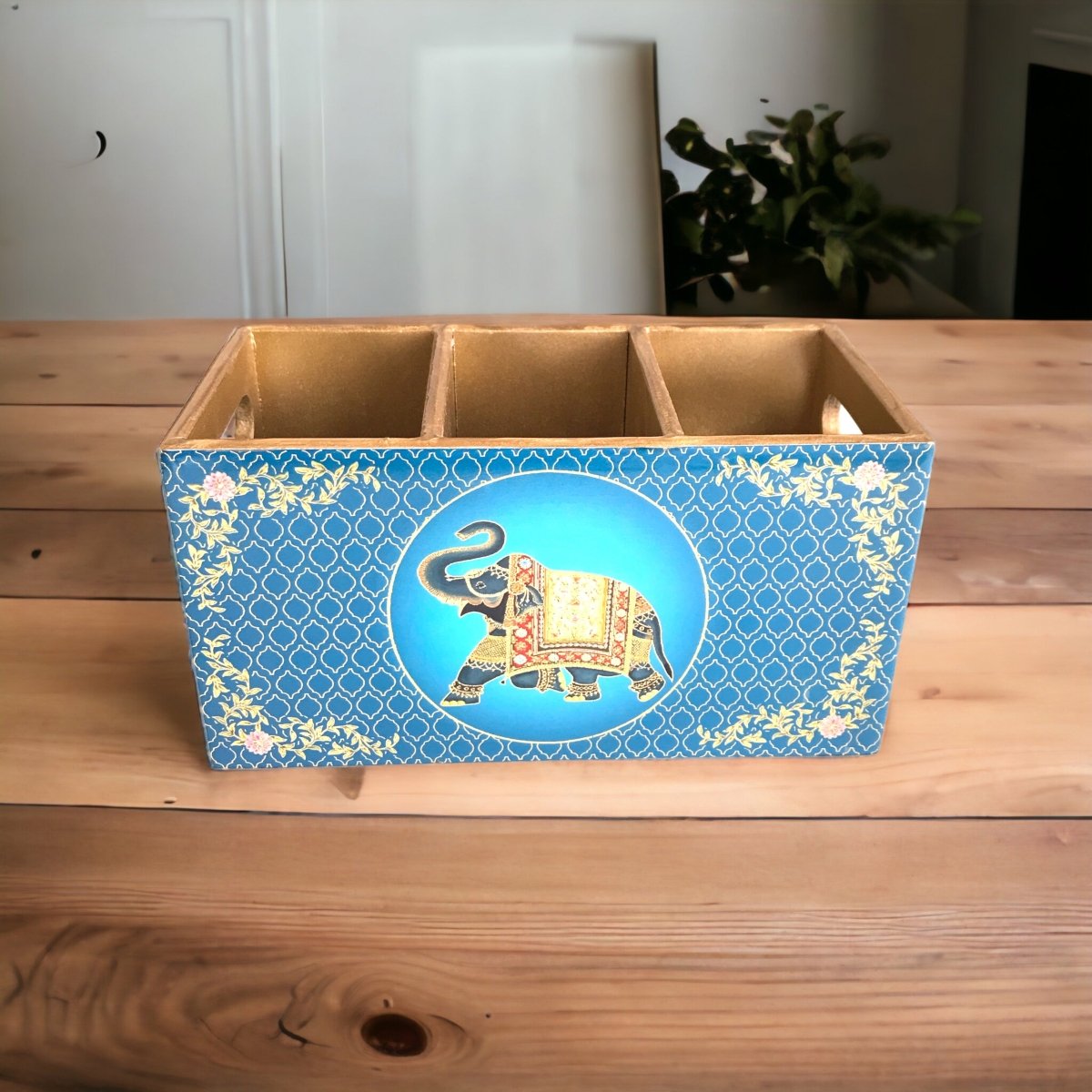 Kezevel Wooden Cutlery Holder - Blue Golden Cutlery Organizer for Dinning Table, Kitchen Countertop for Fork, Knife & Spoon