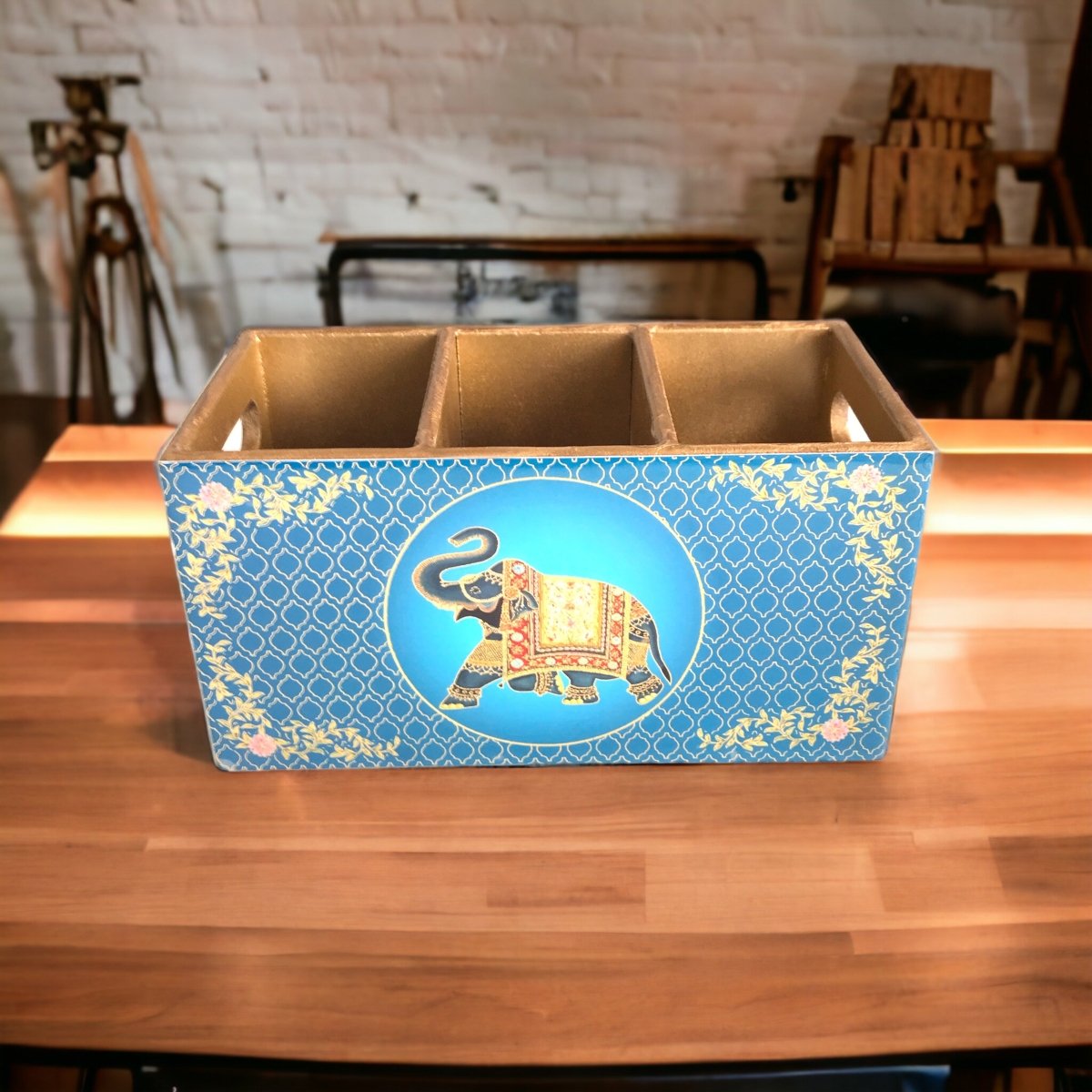 Kezevel Wooden Cutlery Holder - Blue Golden Cutlery Organizer for Dinning Table, Kitchen Countertop for Fork, Knife & Spoon