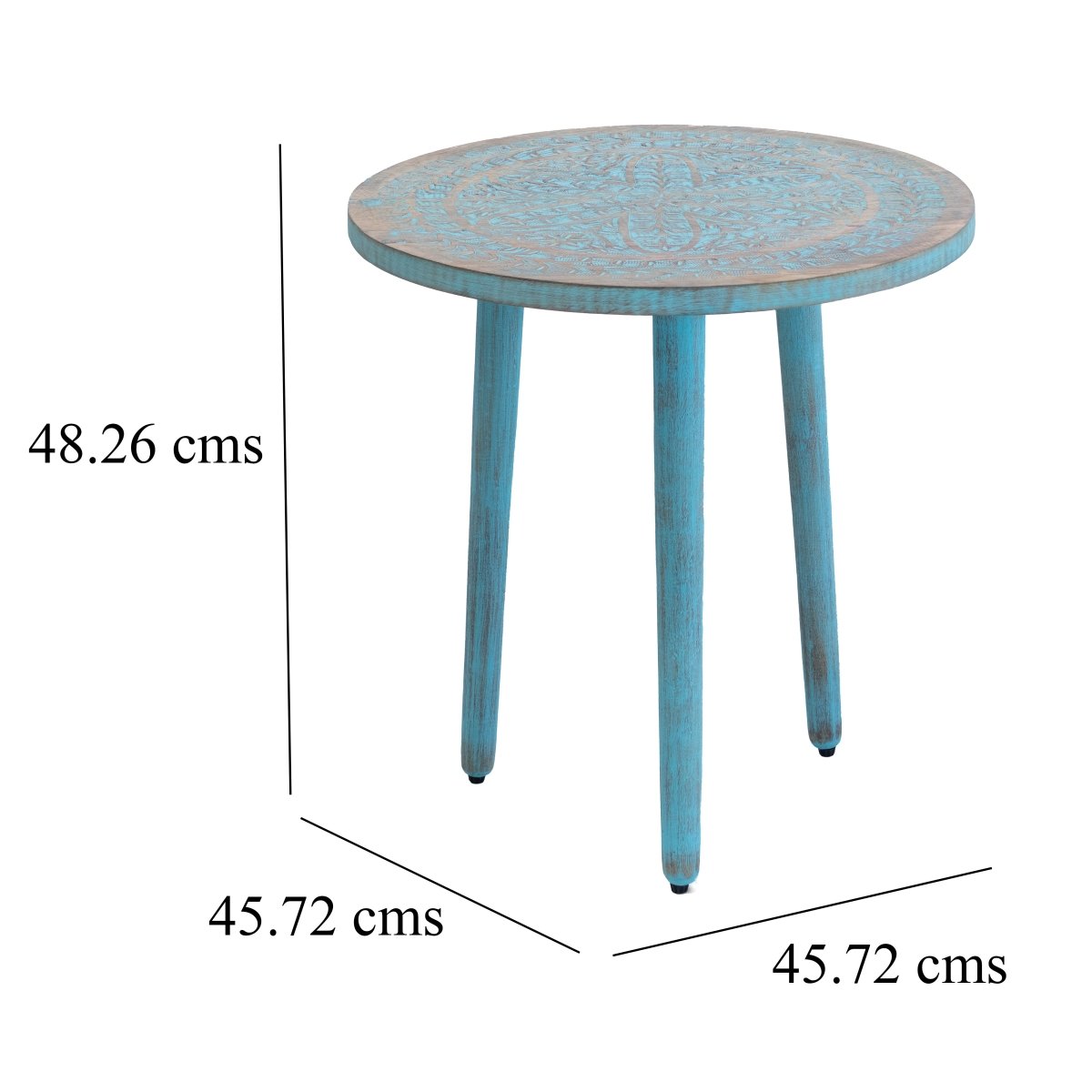 Kezevel Wooden Decorative Accent Table - Round Brown Blue Handcrafted Vintage End Table, Bedside Table, Side Stand, Stool