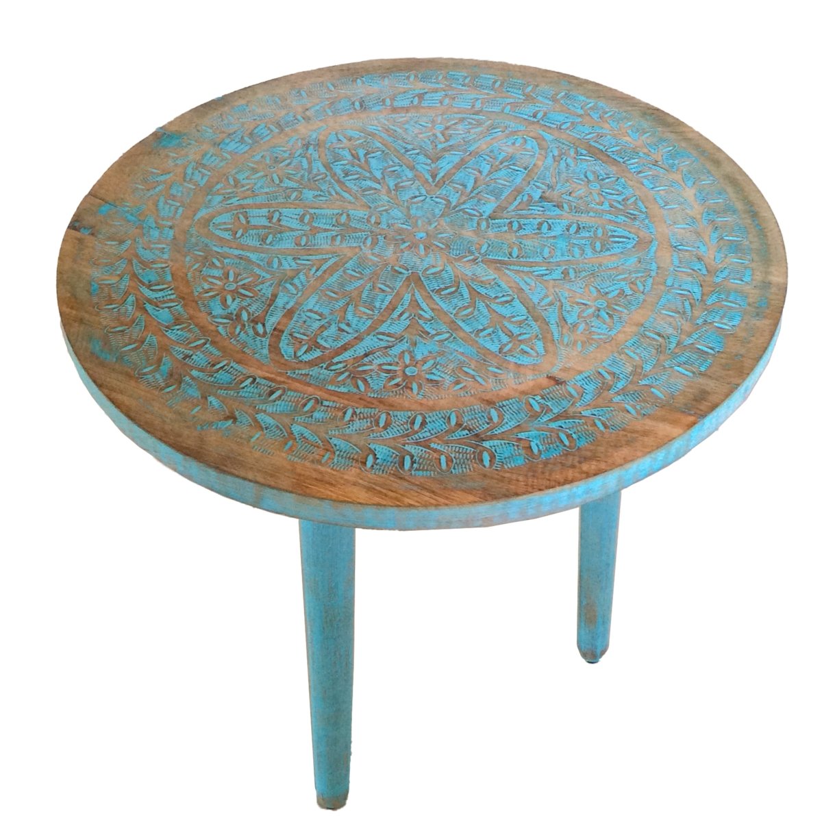 Kezevel Wooden Decorative Accent Table - Round Brown Blue Handcrafted Vintage End Table, Bedside Table, Side Stand, Stool