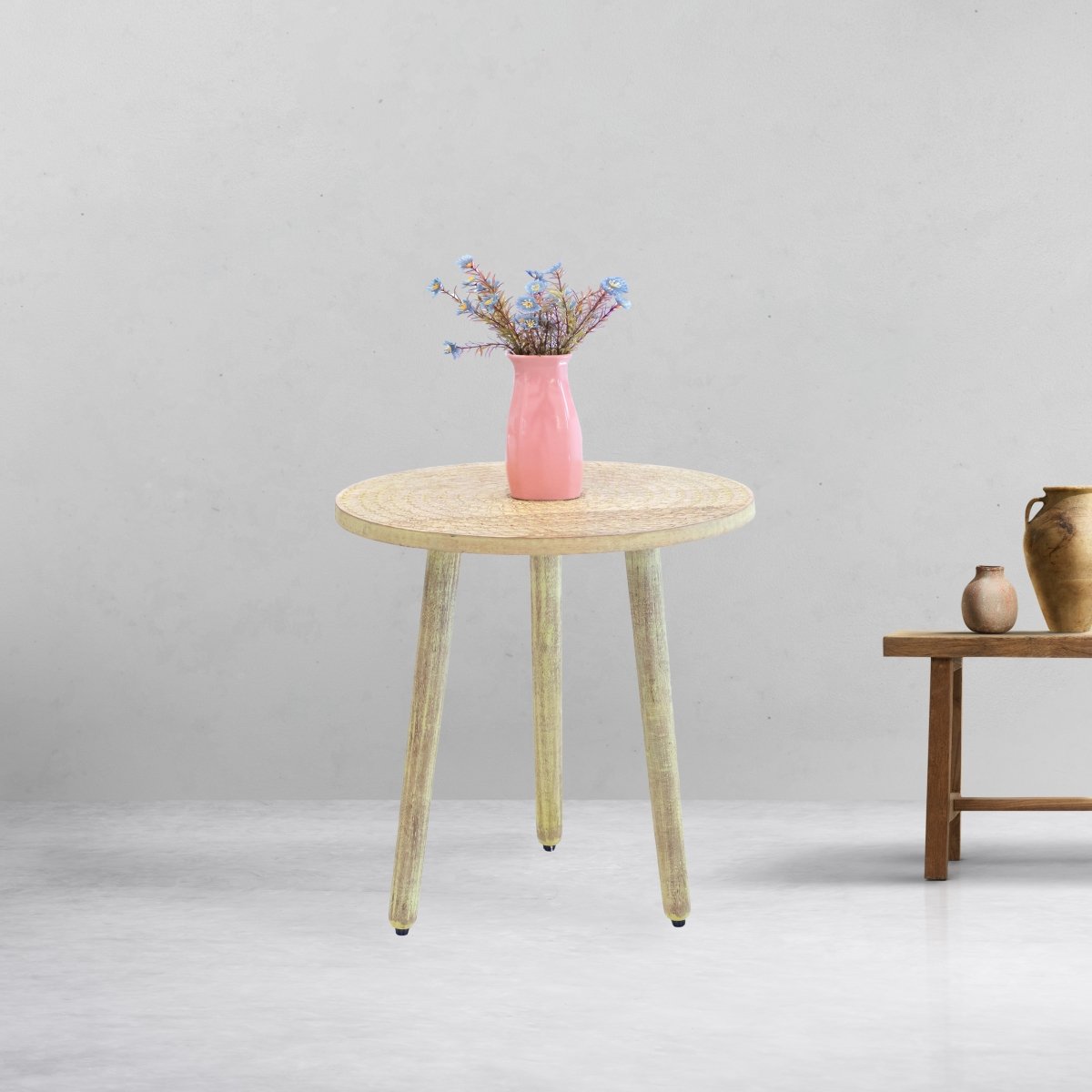 Kezevel Wooden Decorative Accent Table - Round Brown Yellow Handcrafted Vintage End Table, Bedside Table, Side Stand, Stool