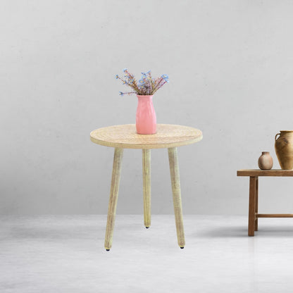 Kezevel Wooden Decorative Accent Table - Round Brown Yellow Handcrafted Vintage End Table, Bedside Table, Side Stand, Stool