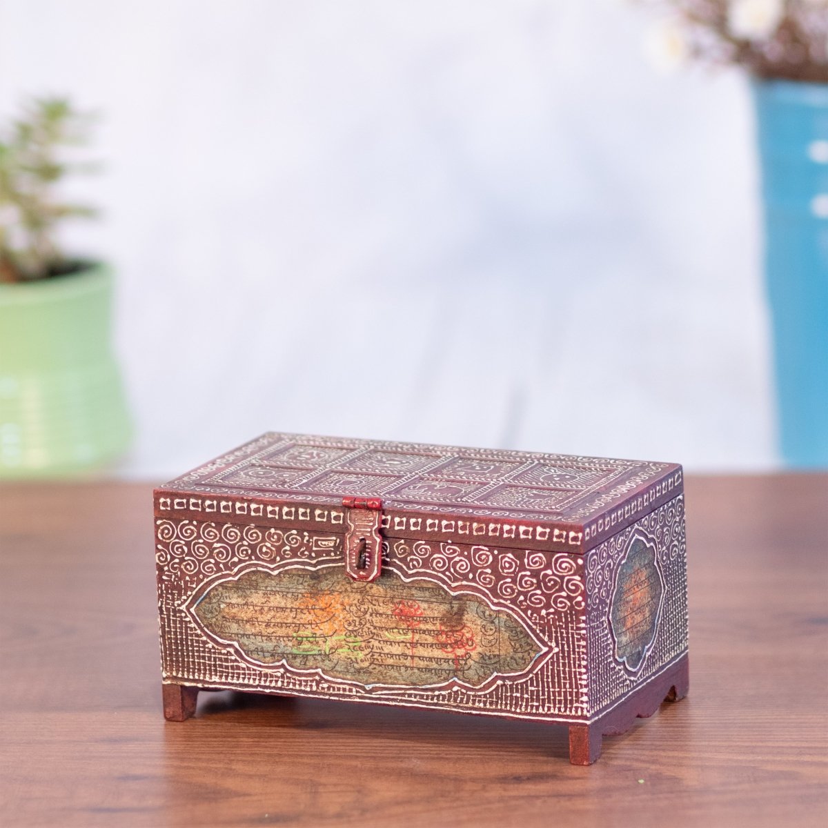 Kezevel Wooden Decorative Storage Box - Rectangle Antique Maroon Handcrafted Trinket Box, Jewelry Box, Metal Stash Box