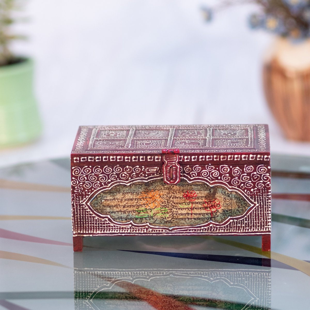 Kezevel Wooden Decorative Storage Box - Rectangle Antique Maroon Handcrafted Trinket Box, Jewelry Box, Metal Stash Box