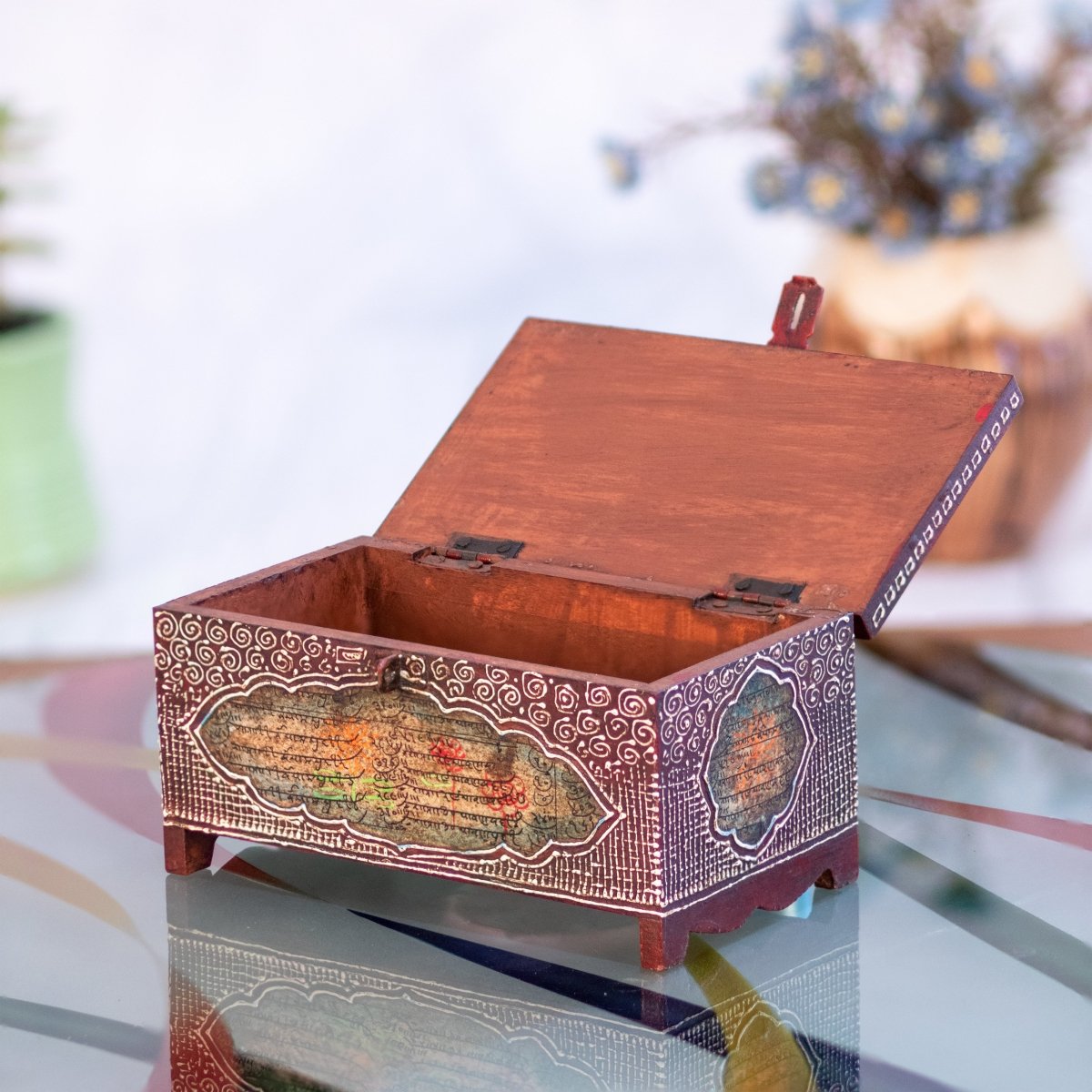Kezevel Wooden Decorative Storage Box - Rectangle Antique Maroon Handcrafted Trinket Box, Jewelry Box, Metal Stash Box