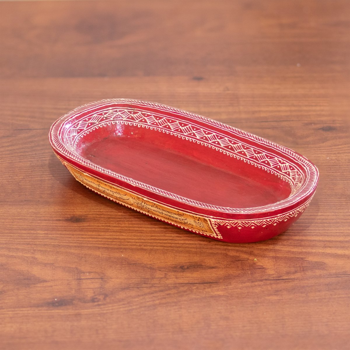 Kezevel Wooden Decorative Tray - Oval Red White Handcrafted Natural Mango Wood Small Tray for Decor, Storage Tray Puja Tray