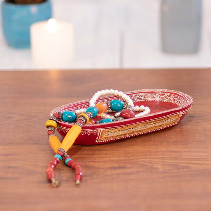 Kezevel Wooden Decorative Tray - Oval Red White Handcrafted Natural Mango Wood Small Tray for Decor, Storage Tray Puja Tray