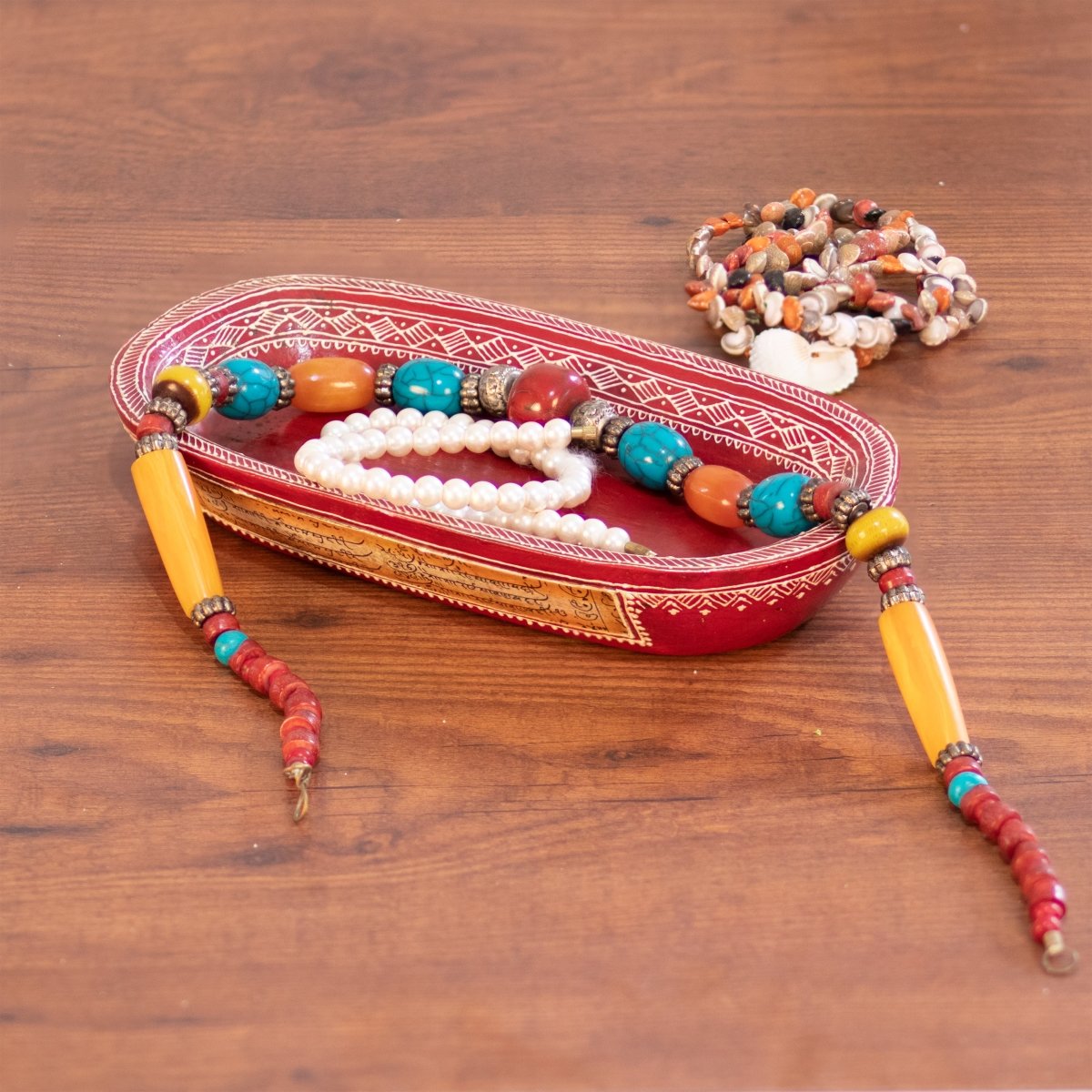 Kezevel Wooden Decorative Tray - Oval Red White Handcrafted Natural Mango Wood Small Tray for Decor, Storage Tray Puja Tray