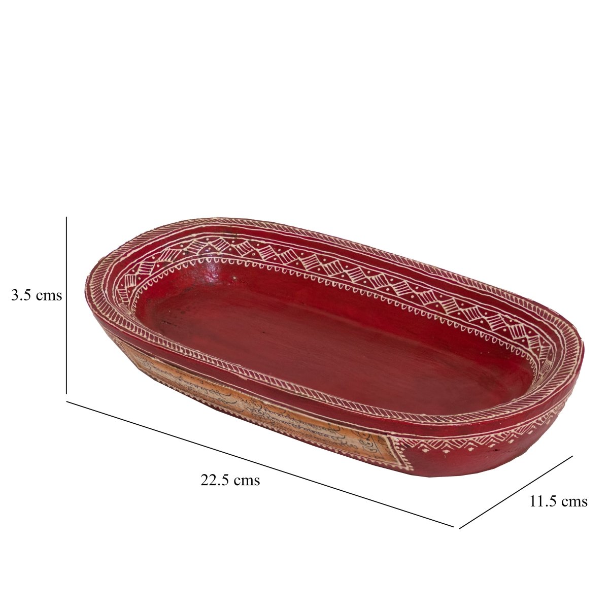 Kezevel Wooden Decorative Tray - Oval Red White Handcrafted Natural Mango Wood Small Tray for Decor, Storage Tray Puja Tray