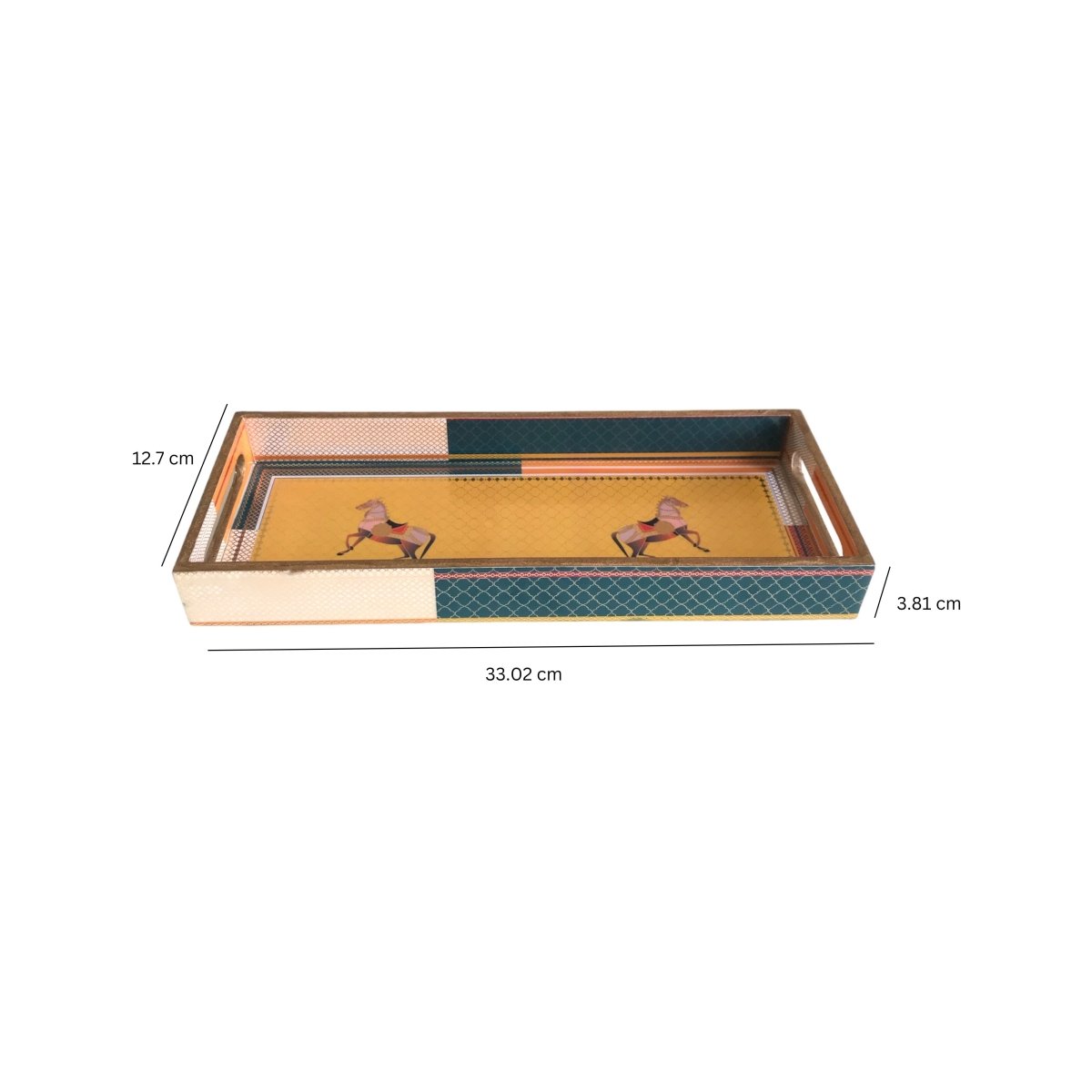 Kezevel Wooden Decorative Tray - Stylish Designer Serving Tray with Horse Pattern for Table Decor, Dinning Table Tray, Size 33.02X12.7X3.81 CM - Kezevel