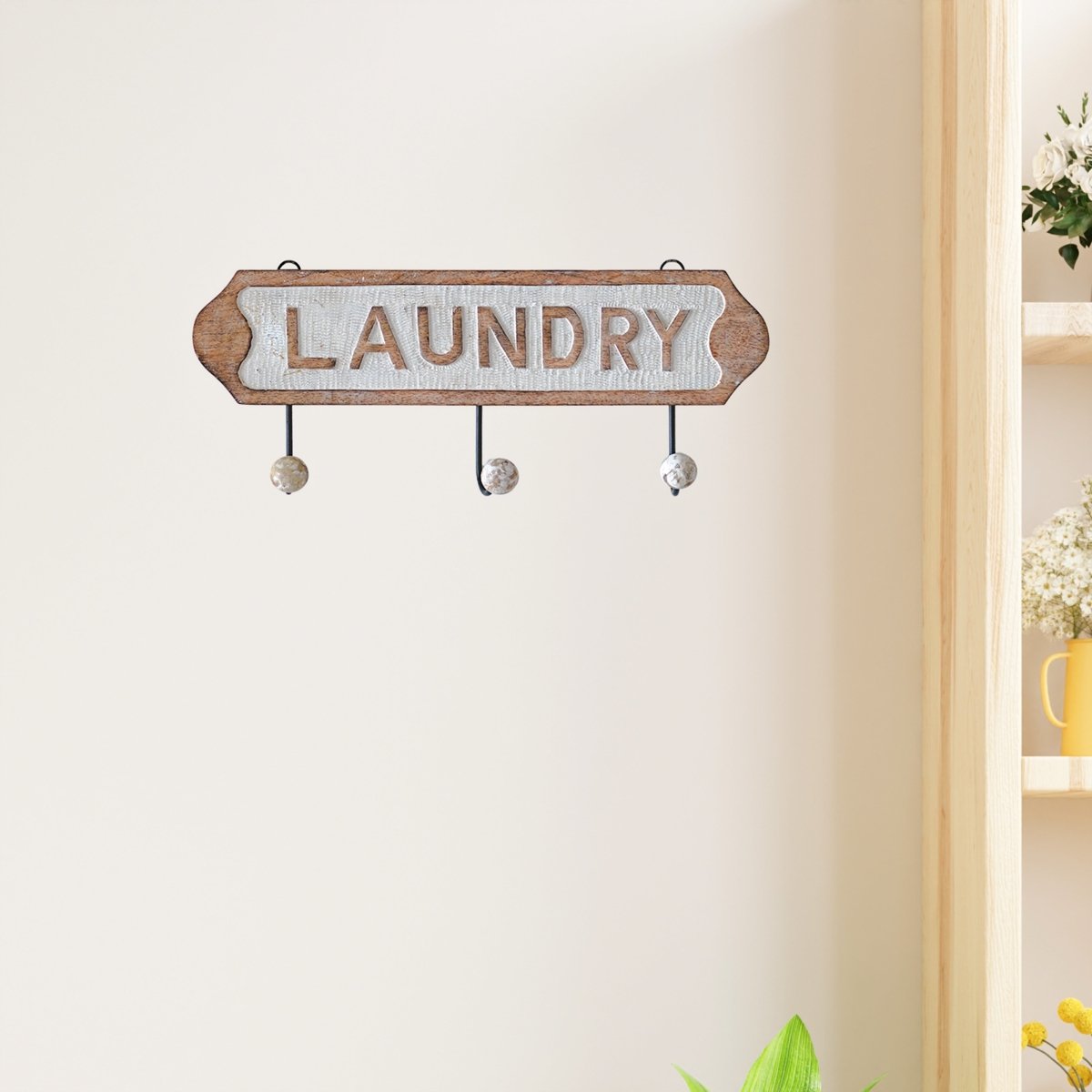 Kezevel Wooden Decorative Wall Hook - Brown White Handcrafted Wall Hangers Decorative Hooks for Wall, Laundry Wall Decor Hook