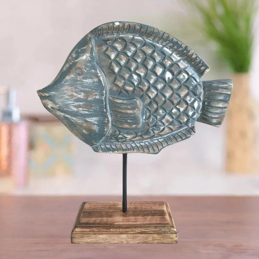 Kezevel Wooden Fish Table Decor - Blue and Brown Showpieces for Living Room, Wooden Showpiece for Home Decor, Fish Figurine, Size 27X8.5X30.5 CM - Kezevel