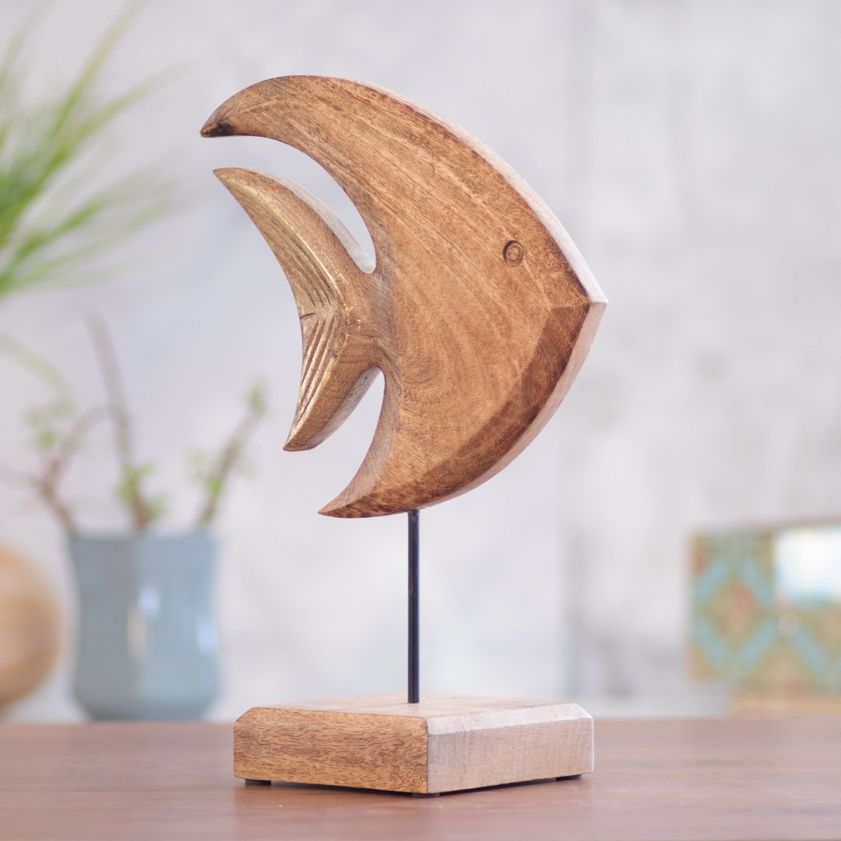 Table Fish Gift Kezevel Wooden Fish Table Decor - Brown and Golden Showpieces for ...