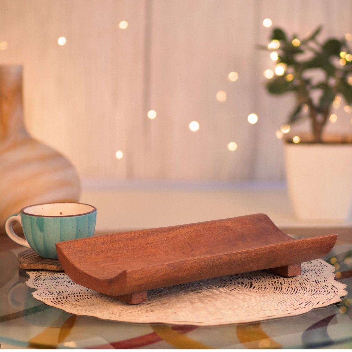 Kezevel Wooden Serving Platter - Rectangular Natural Acacia Wood Platter, Kebab Serving Platter, Starter Plate for Serving