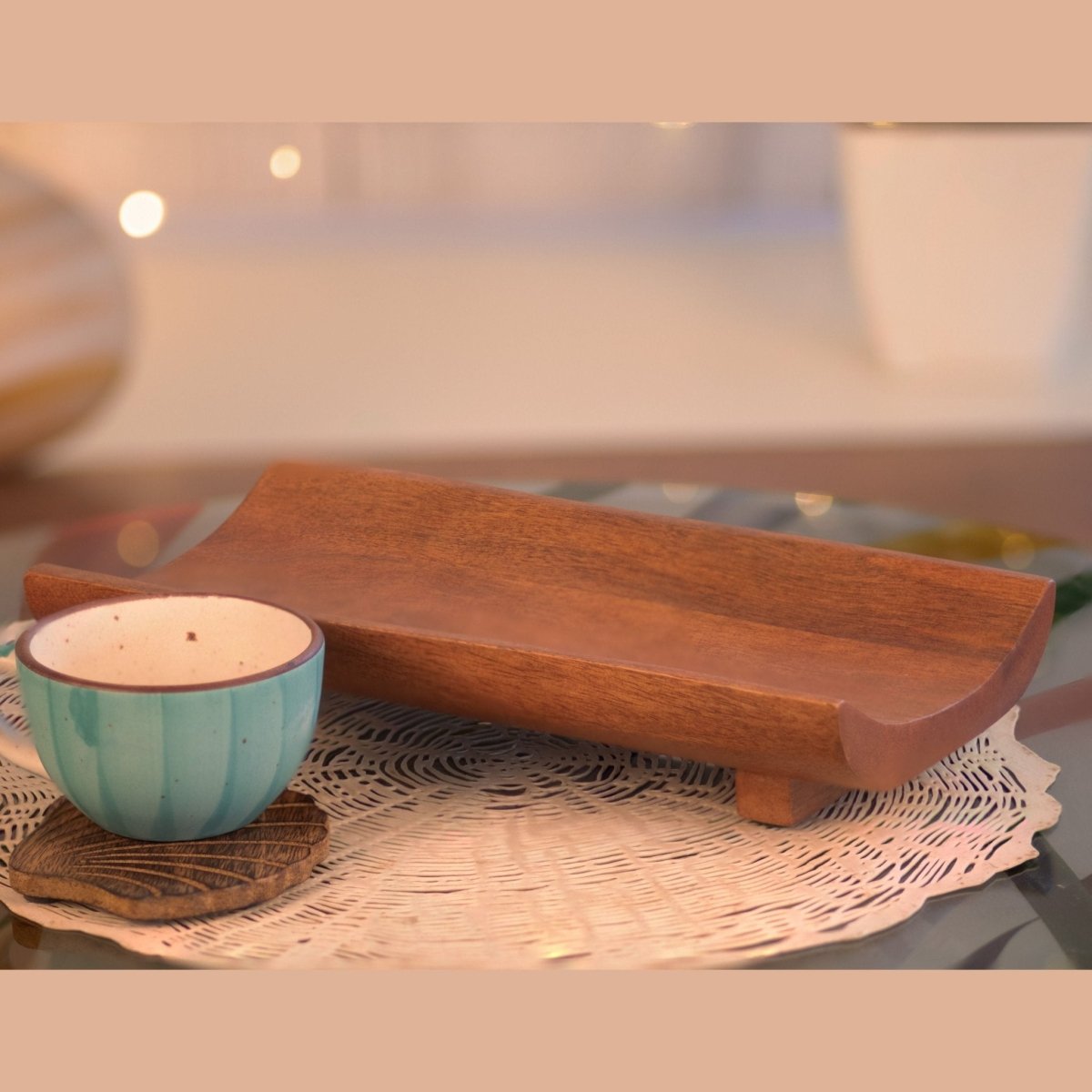 Kezevel Wooden Serving Platter - Rectangular Natural Acacia Wood Platter, Kebab Serving Platter, Starter Plate for Serving