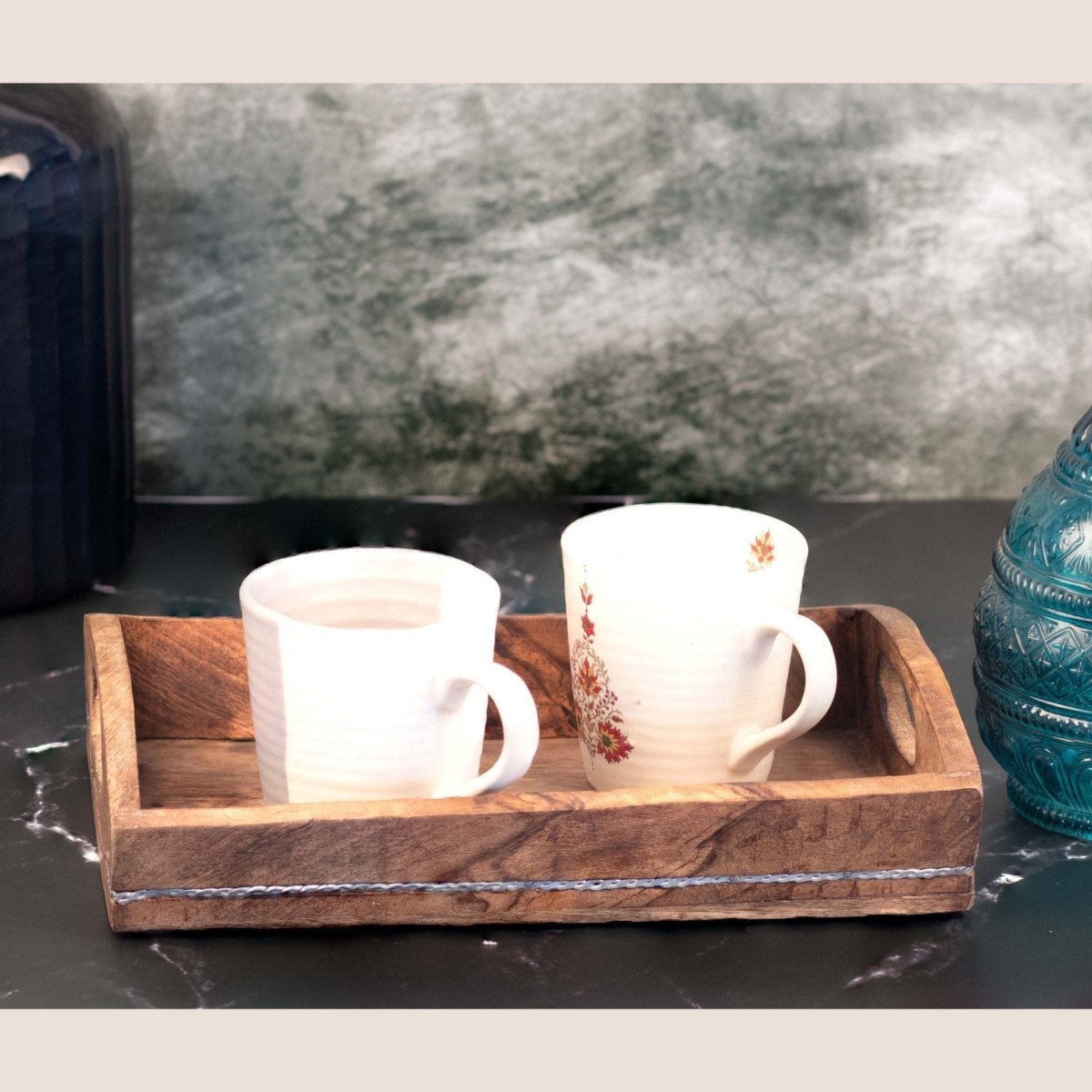 Kezevel Wooden Serving Tray - Artistic Handcrafted Mango Wood Tray with Metal Lining Curved Handle for Dinning Table, Kitchen