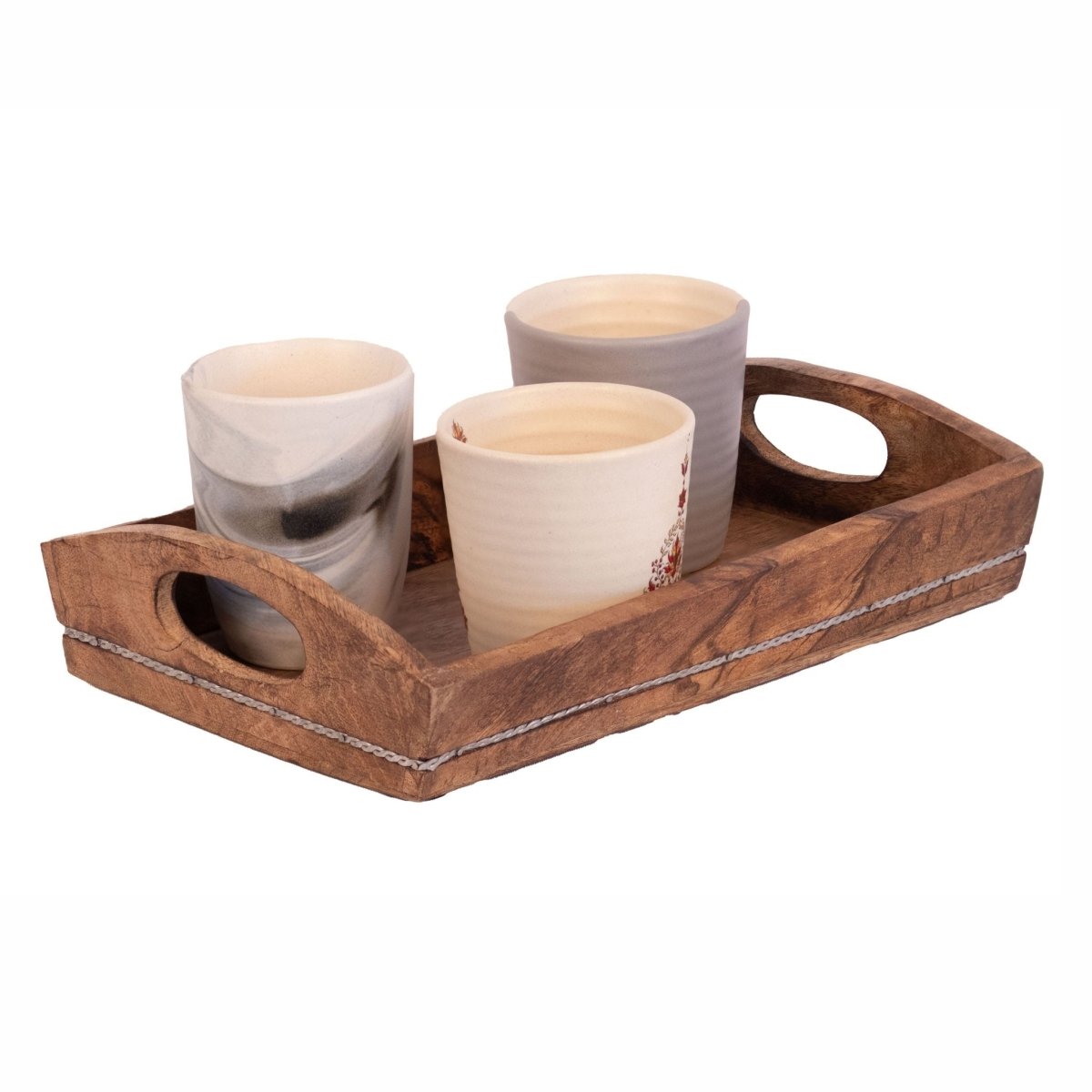 Kezevel Wooden Serving Tray - Artistic Handcrafted Mango Wood Tray with Metal Lining Curved Handle for Dinning Table, Kitchen