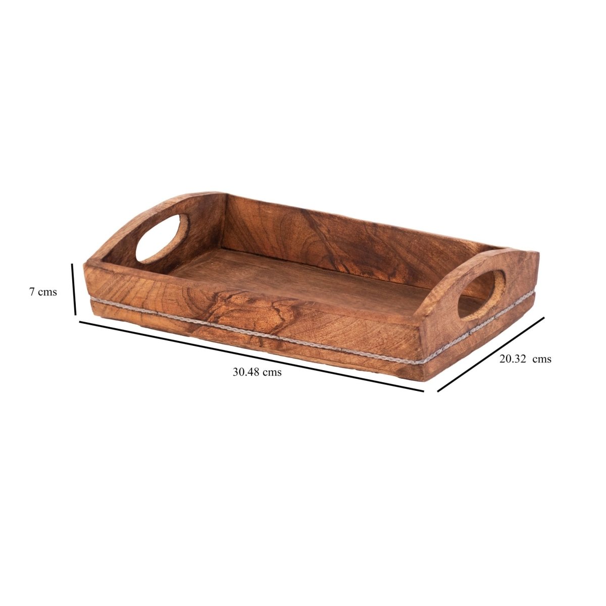 Kezevel Wooden Serving Tray - Artistic Handcrafted Mango Wood Tray with Metal Lining Curved Handle for Dinning Table, Kitchen
