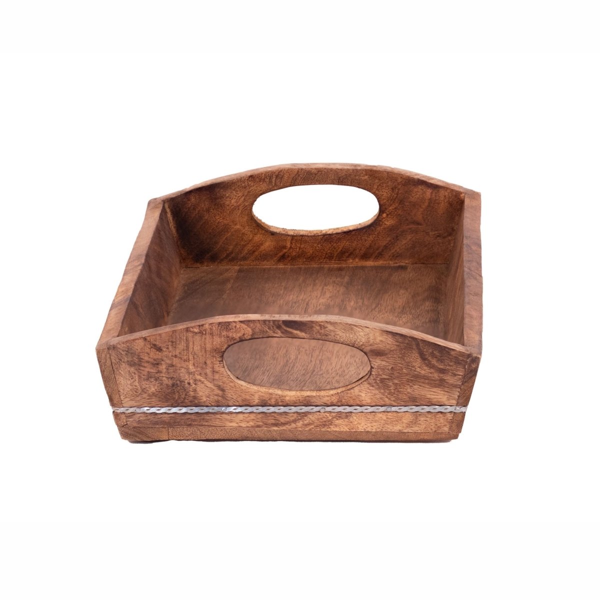 Kezevel Wooden Serving Tray - Artistic Handcrafted Mango Wood Tray with Metal Lining Curved Handle for Dinning Table, Kitchen