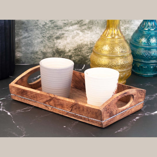 Kezevel Wooden Serving Tray - Artistic Handcrafted Mango Wood Tray with Metal Lining Curved Handle for Dinning Table, Kitchen