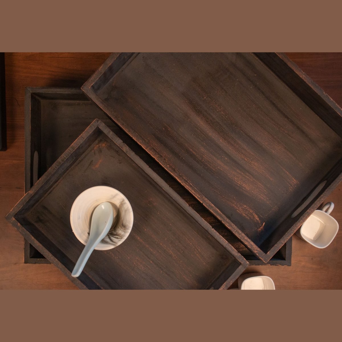 Kezevel Wooden Serving Tray - Brown and Copper Rectangle Handcrafted Tray for Home Decor, Dinning Table Tray, Tea Coffee Tray