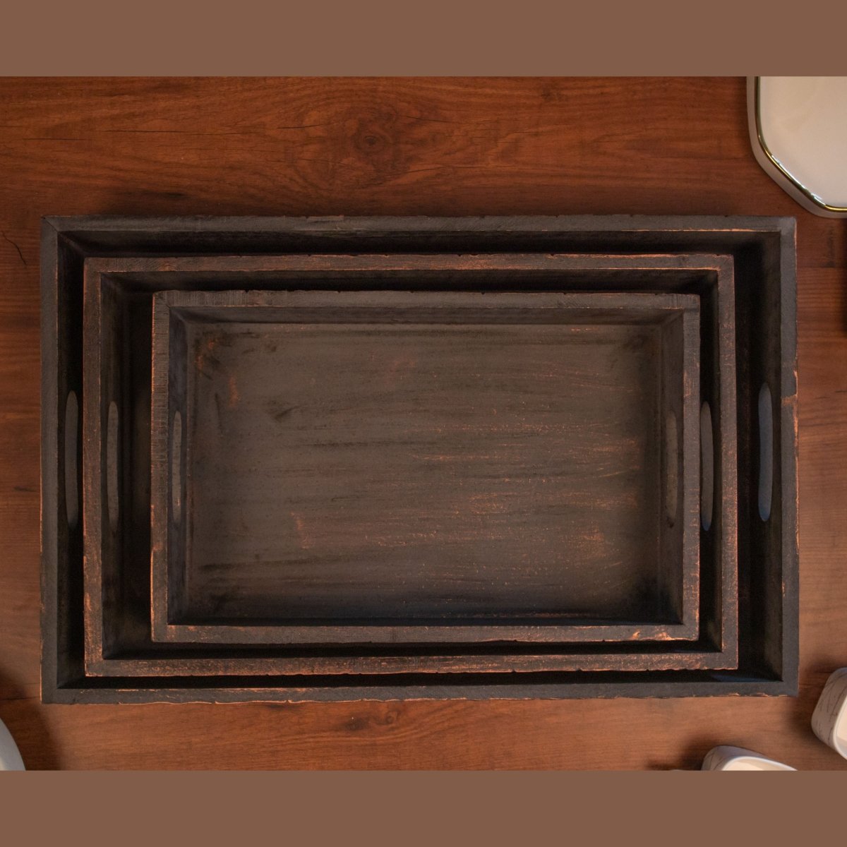 Kezevel Wooden Serving Tray - Brown and Copper Rectangle Handcrafted Tray for Home Decor, Dinning Table Tray, Tea Coffee Tray