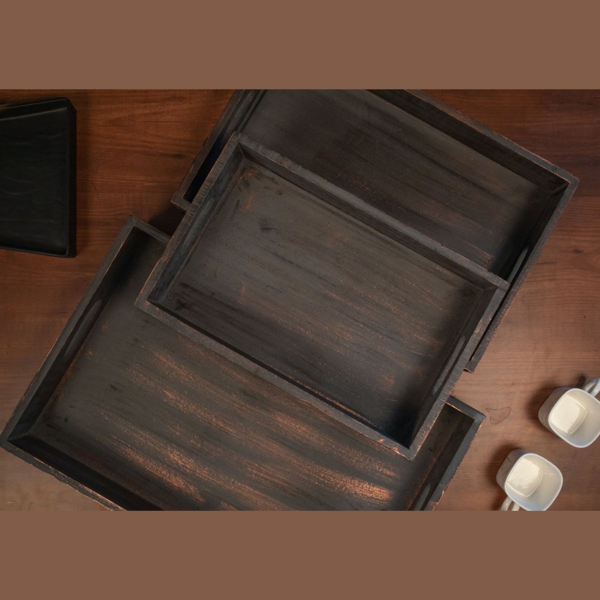 Kezevel Wooden Serving Tray - Brown and Copper Rectangle Handcrafted Tray for Home Decor, Dinning Table Tray, Tea Coffee Tray