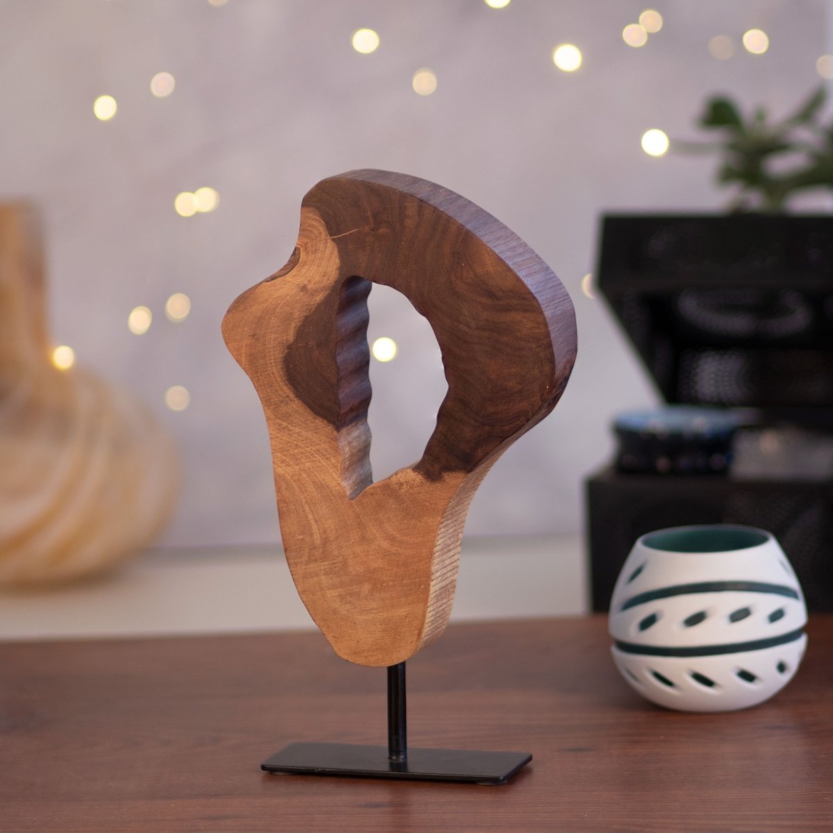Kezevel Wooden Table Decor - Handcrafted Round Acacia Wood Natural Log Table Showpiece for Living Room, Showpiece Home Decor
