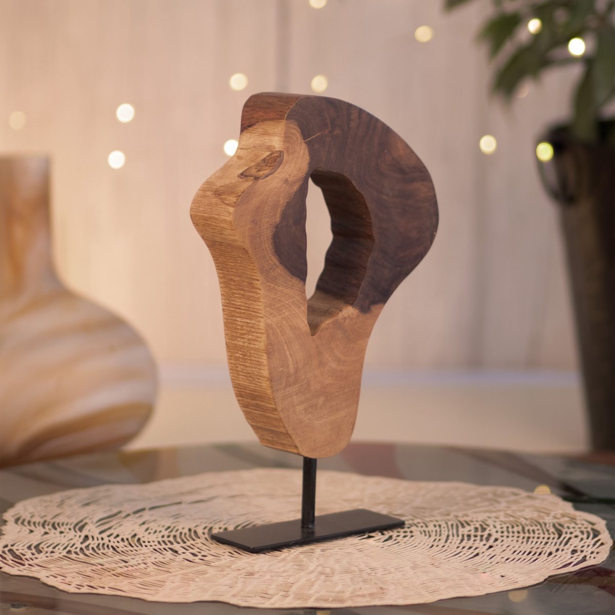 Kezevel Wooden Table Decor - Handcrafted Round Acacia Wood Natural Log Table Showpiece for Living Room, Showpiece Home Decor