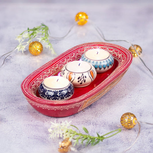 Kezevel Wooden Tray with 3 Ceramic Candle Holders - Handcrafted Tray & Reusable T-Light Candle Holder Festive Decor, Diwali Gift, Size 22.5X11.5X3.5CM - Kezevel