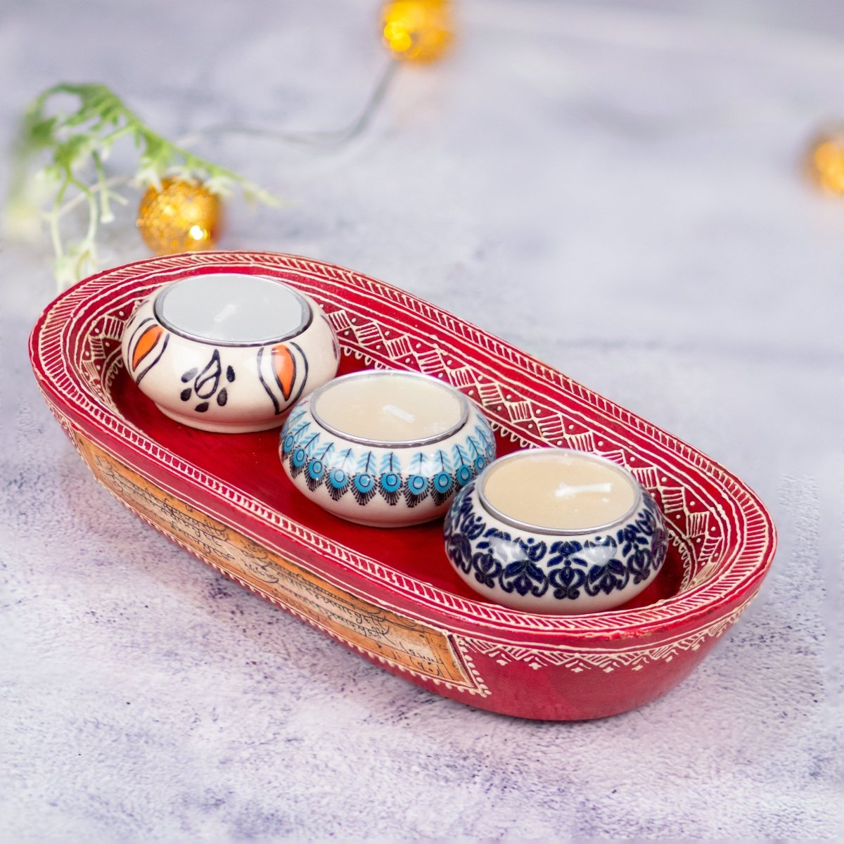 Kezevel Wooden Tray with 3 Ceramic Candle Holders - Handcrafted Tray & Reusable T-Light Candle Holder Festive Decor, Diwali Gift, Size 22.5X11.5X3.5CM - Kezevel