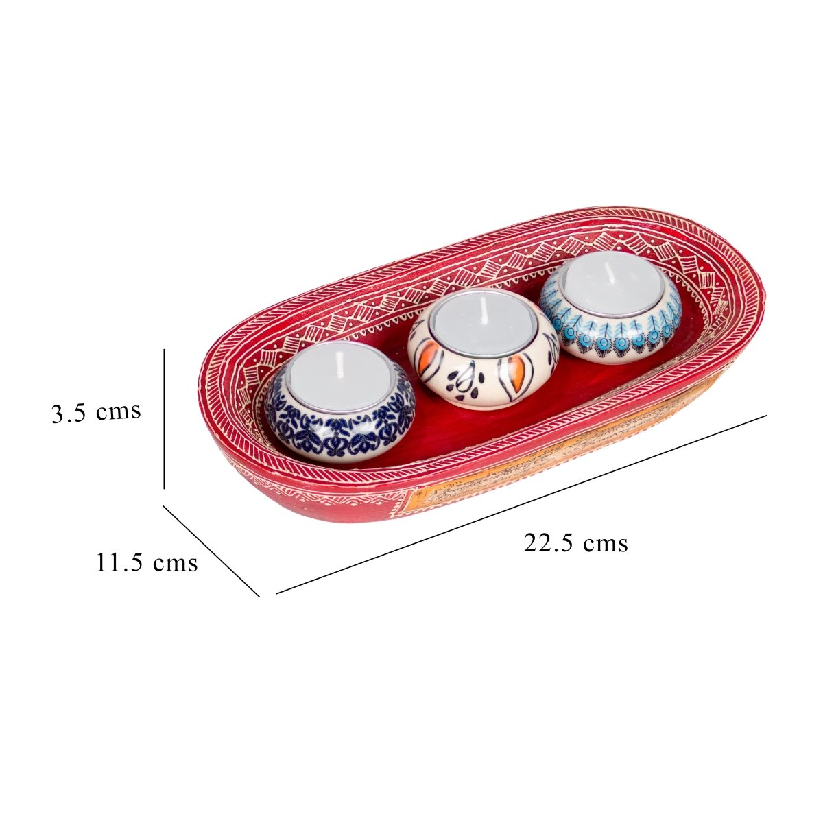 Kezevel Wooden Tray with 3 Ceramic Candle Holders - Handcrafted Tray & Reusable T-Light Candle Holder Festive Decor, Diwali Gift, Size 22.5X11.5X3.5CM - Kezevel