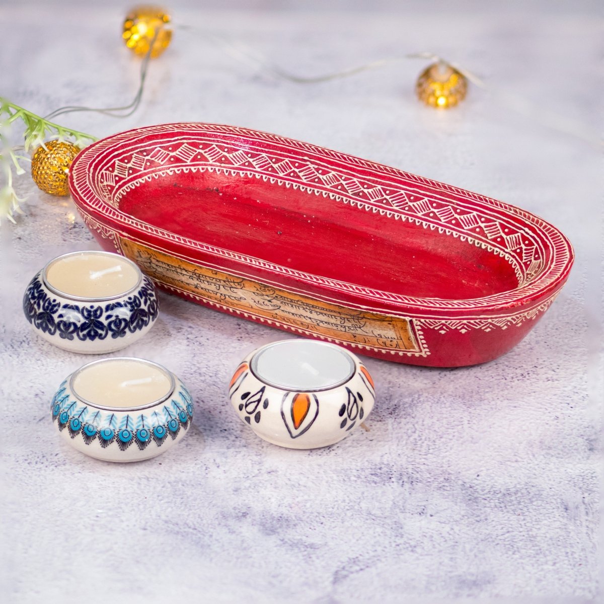 Kezevel Wooden Tray with 3 Ceramic Candle Holders - Handcrafted Tray & Reusable T-Light Candle Holder Festive Decor, Diwali Gift, Size 22.5X11.5X3.5CM - Kezevel