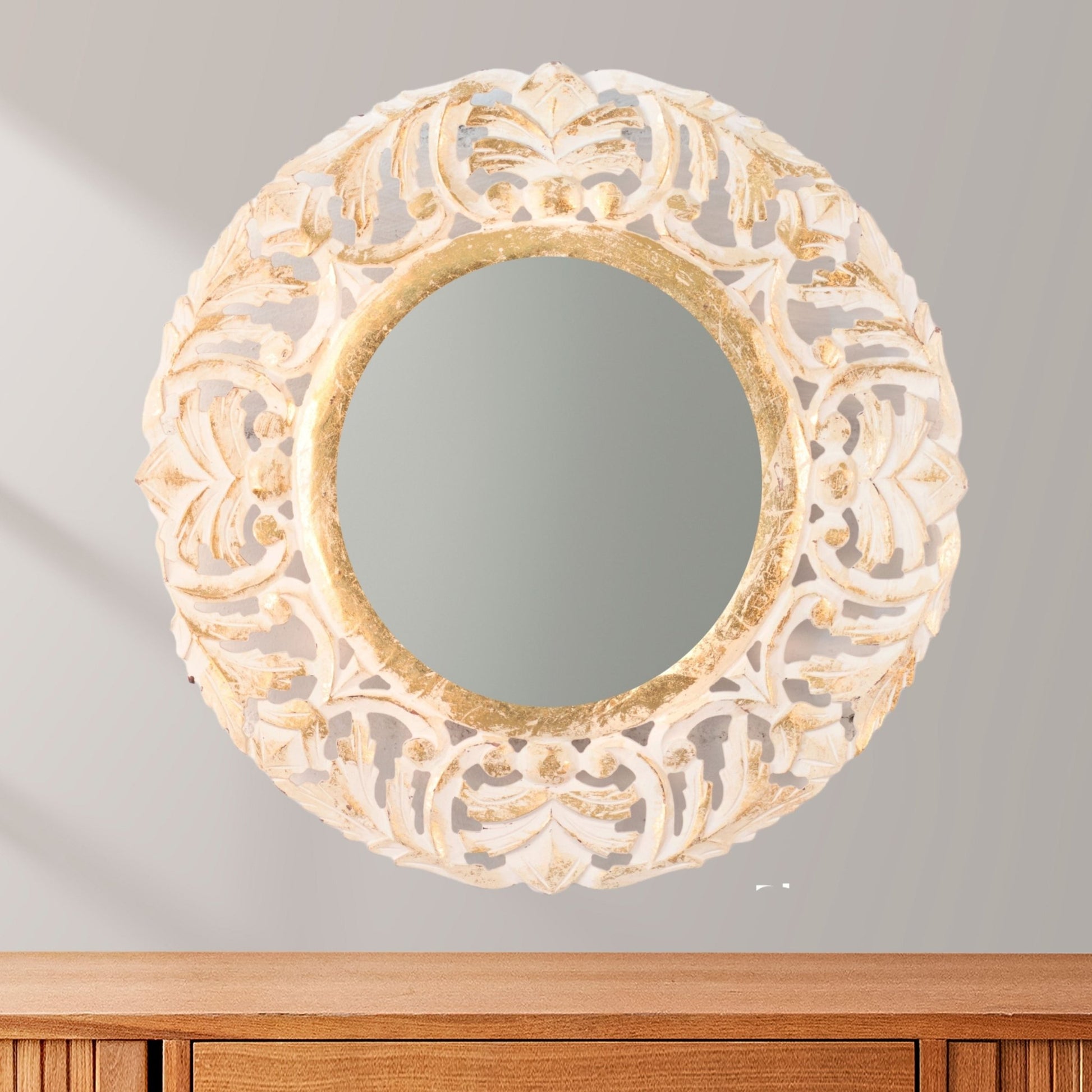 Kezevel Wooden Wall Hanging Mirror - Handcarved Round Golden White Decorative Mirrors, Mirror for Wall Decoration