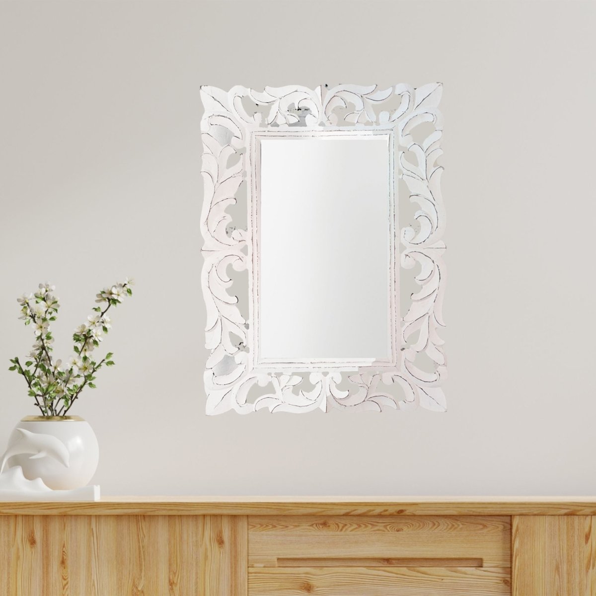 Kezevel Wooden Wall Hanging Mirror - Rectangle White Handcarved Vintage Decorative Mirrors for Living Room, Wall Showpiece
