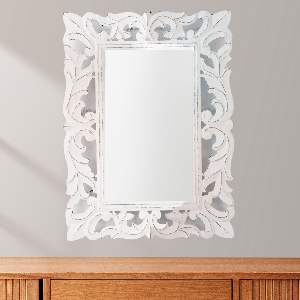 Kezevel Wooden Wall Hanging Mirror - Rectangle White Handcarved Vintage Decorative Mirrors for Living Room, Wall Showpiece