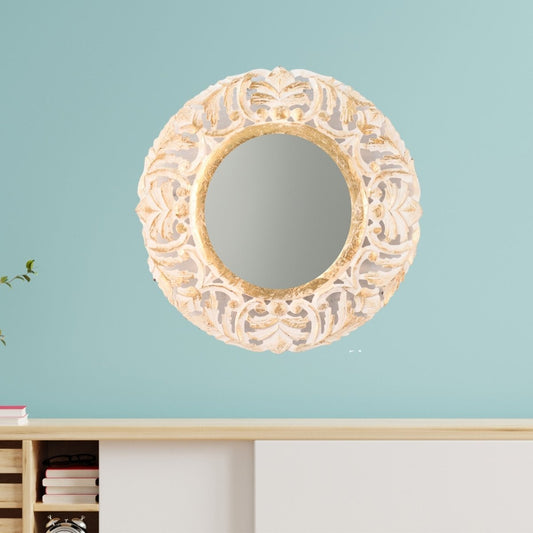 Kezevel Wooden Wall Hanging Mirror - Handcarved Round Golden White Decorative Mirrors, Mirror for Wall Decoration