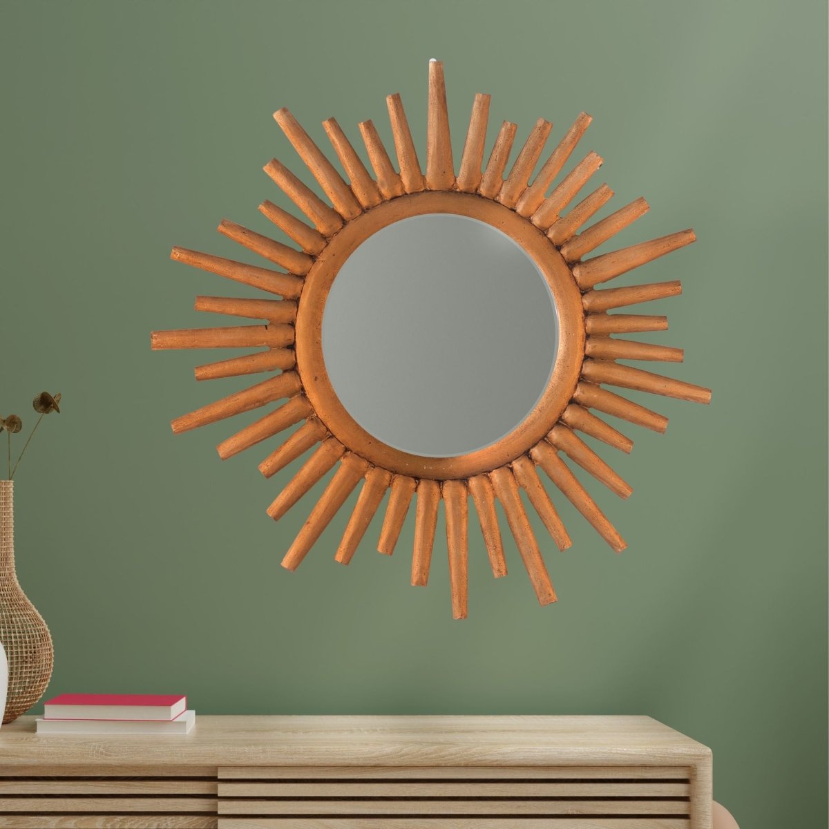Kezevel Wooden Wall Hanging Mirror - Round Matt Golden Handcarved Decorative Mirrors for Living Room, Wall Showpiece