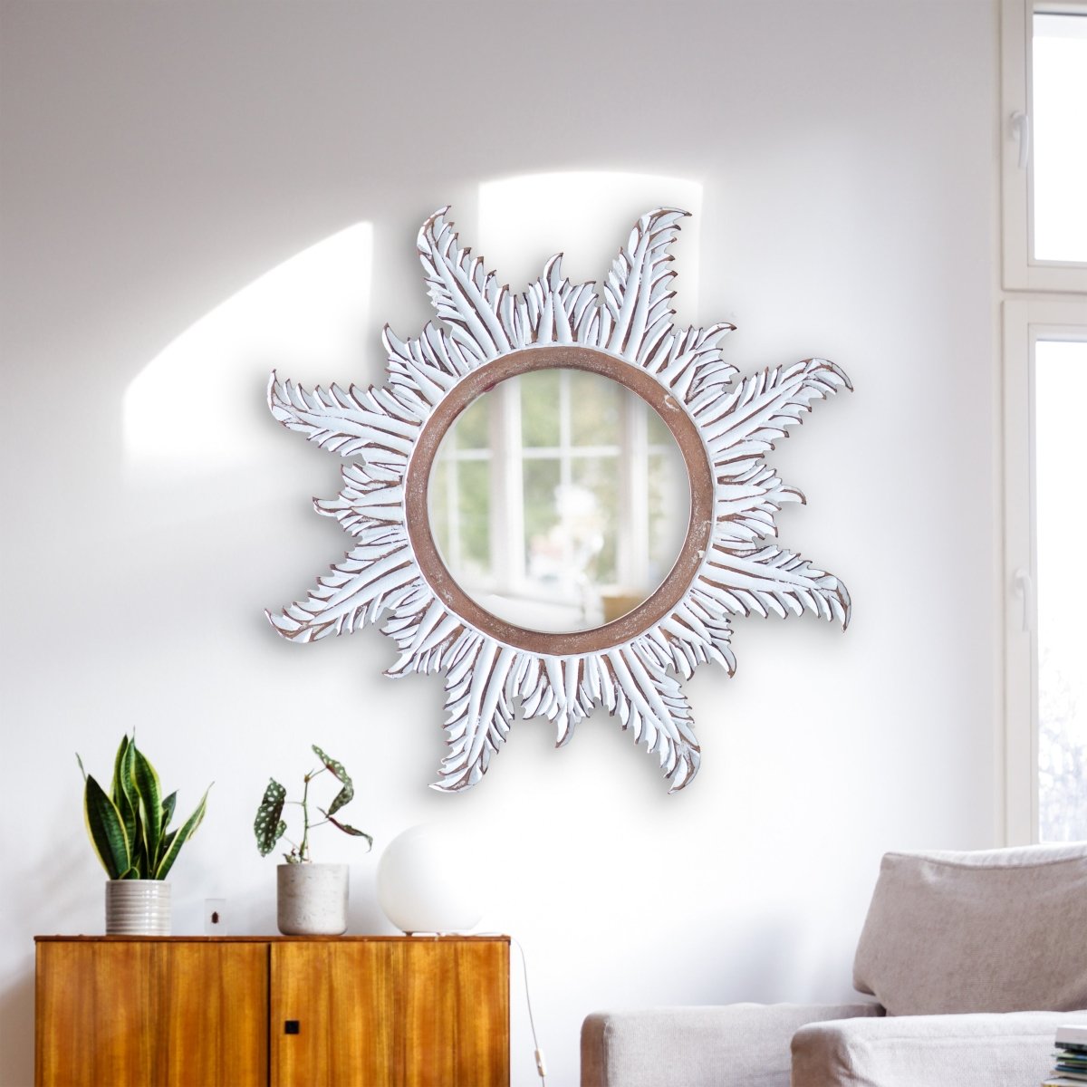 Kezevel Wooden Wall Hanging Mirror-Round White Brown Handcrafted Decorative Mirror for Living Room, Mirror Frame, Wall Mirror