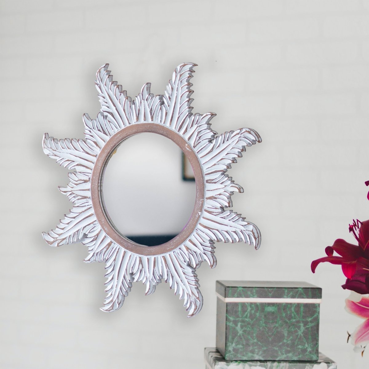 Kezevel Wooden Wall Hanging Mirror-Round White Brown Handcrafted Decorative Mirror for Living Room, Mirror Frame, Wall Mirror